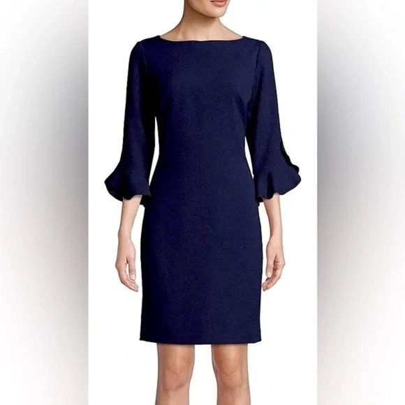 Karl Lagerfeld Paris Women's Navy Blue Tulip Sleeve Crepe Dress - Picture 1 of 8